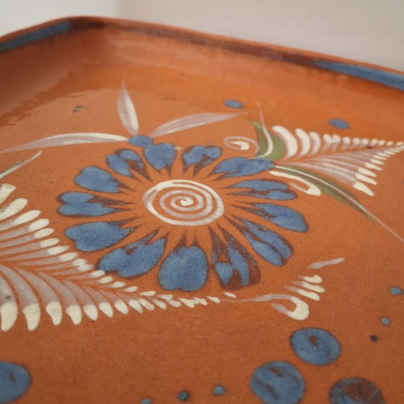 Beautiful El Palomar Mexico Pottery Hand-painted Square Dish, Orange Blue White - Picture 3 of 5